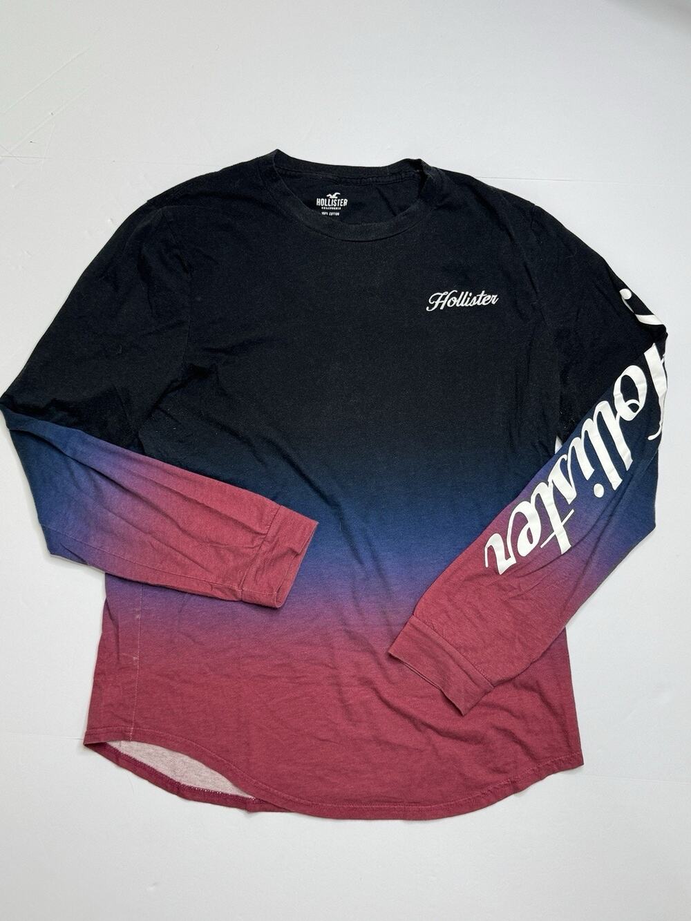Hollister Men’s M Black Blue Red Ombre Dip Dye Long Sleeve Logo T-Shirt